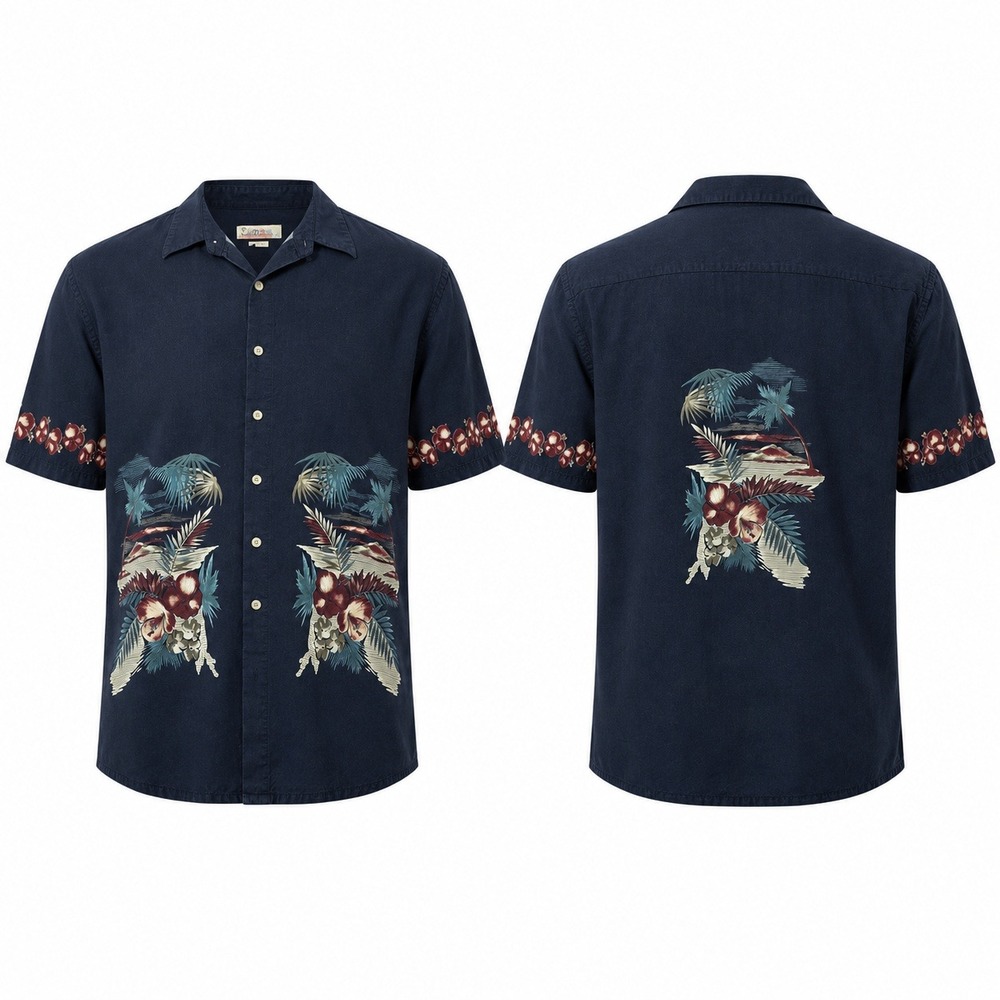 Campia Hawaiian‎ Shirt Mens Large Navy Blue Tropical Palm Tree Rayon Button Down